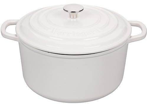 VORRINGARD Olla holandesa de hierro fundido esmaltado con tapa, para hornear pan de masa madre, hornos holandeses redondos, 6 cuartos de galón, color blanco