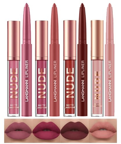 LANGMANNI 4pcs Matte Lipstick with Lipliners Durable Makeup Set,Long-Lasting Non-Stick Cup Not Fade Waterproof Pigmented Velvet Lipgloss Kit Beauty Cosmetics Makeup Gift for Girls(#2468)