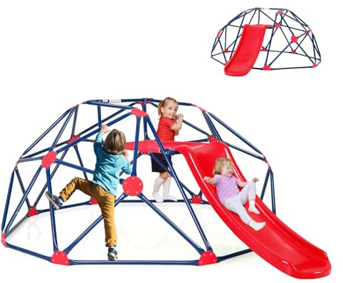 GOPLUS 2 en 1 Cúpula de Escalada con Columpio, Escalera Geométrica de Metal Estable, Carga 150 kg, Estructura de Escalada Exterior e Interior para Niños de 3+ Años (Rojo)