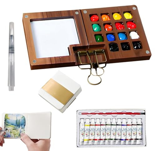 kyno Tobios Mini Watercolour Paint Set, 15 Grids Travel Kit with Foldable Wooden Palette, Sketchbook, Brush, 5 Pieces (Walnut-15 Grids)