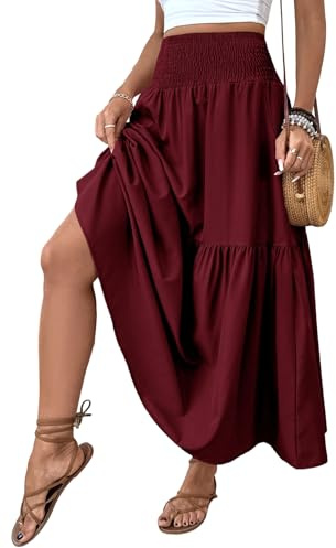LIAMERHE Maxikjol för damer elastisk hög midja kjolar veckade blommor vintage sommar långa kjolar dam elegant A-linje boho semester strand nivåkjol en storlek