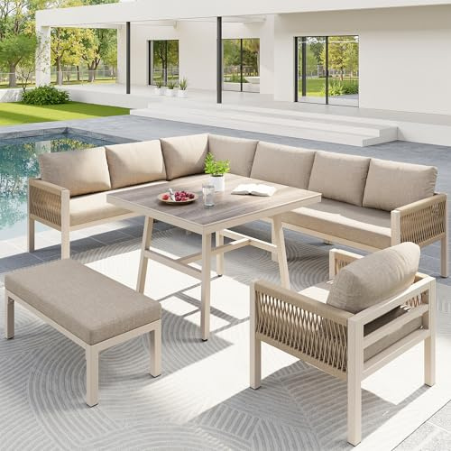 Soweiz Handgeflochtenes L-Form Garten-Sofa für bis zu 8 Personen/Robuster Eisengestell mit grauen Polstern/Inkl. 1 Tisch mit Marmor-Glasplatte und 2 Sesseln/Wetterfeste Terrassen-Garnitur (Beige)