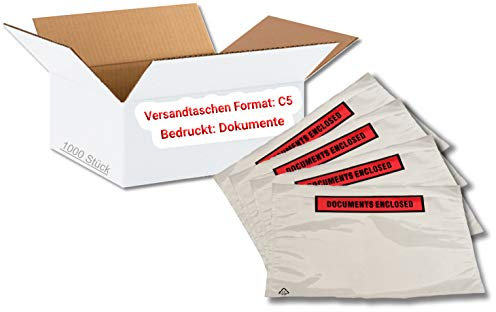 dm-folien Lieferscheintaschen C5 I 1000 Stück I Selbstklebende Versandtaschen mit Aufdruck I Rot-transparente Versandunterlagen für Dokumente I Versandzubehör aus PP