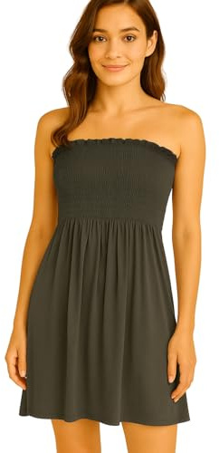 STAR FASHION Women’s Strapless Sheering Ruched Bandeau Dress Plain Boob Tube Sleeveless Midi Dress Summer Holiday Beach Flared Dress Soft Stretch Charcoal 16-18