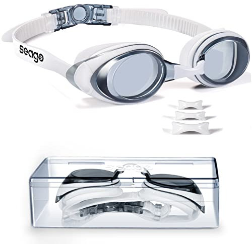 Seago Shortsighted Swimming Goggles Nearsighted Swim Goggles Anti Fog UV Protection Fit for Adult Men Women Youth Junior, No Leaking Clear Vision Pool Swim Glasses Tinted Flat Lens with 3 Nose Pieces