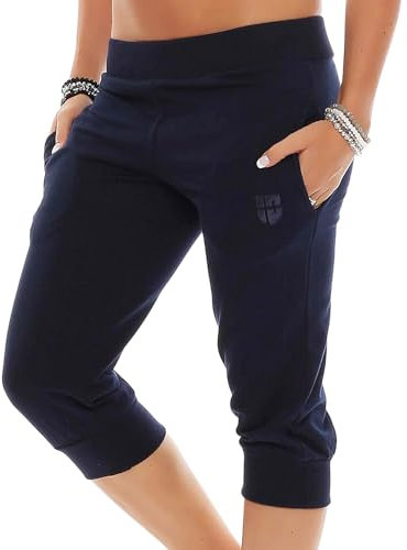 Gennadi Hoppe 3/4 Damen Hose Baumwolle - Dreiviertel Sporthose Caprihose Frauen halblang - Kurze Jogginghose/Trainingshose für Sport, Fitness – Halblange Fitnesshose Sommer Capri Shorts blau S H6598