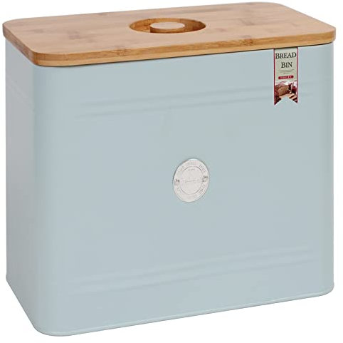 Bread Bin with Wooden Lid Extra Large Vintage Bread Box Metal Bread Loaf Storage Canister Container Cutting Board Lid for Kitchen Home Food Organiser, Rectangular (Bread Bin - Light Blue)