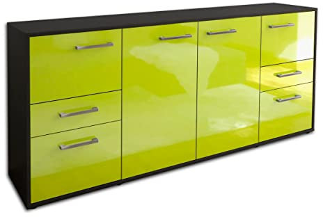 Lqliving Kommode Sideboard Gemma, Korpus in anthrazit matt, Front im Hochglanz-Design Grün (180x79x35cm), inkl. Metall Griffen, Made in Germany