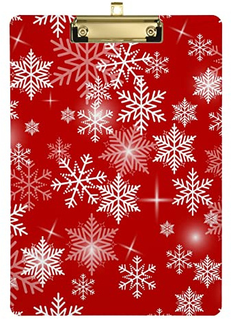 Planchette à pince décorative en acrylique rouge flocon de neige de Noël A4 de taille standard pour étudiants, hommes, femmes – 22,9 x 31,8 cm avec clip en métal discret
