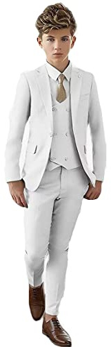 Costume à revers pour garçon, coupe ajustée, blazer, gilet, pantalon, costume de fête pour garçons, costume formel pour enfant, smoking de mariage, blanc, 14 ans