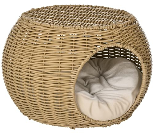 PawHut Niche pour Chat lit pour Chat Panier Chat masion de Chat en résine tresée Imitation rotin Coussin Doux Ø 40 x 30 cm Marron Clair