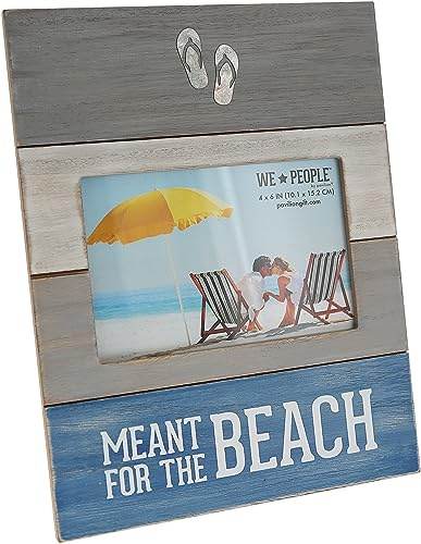 Pavilion Gift Company - Meant For The Beach- Textured Gray White Washed Wooden Picture Frame (Holds 4 x 6 inch Photo), Beach House Decor, Sandals, 1 Count (Pack of 1), 7.75” x 10”