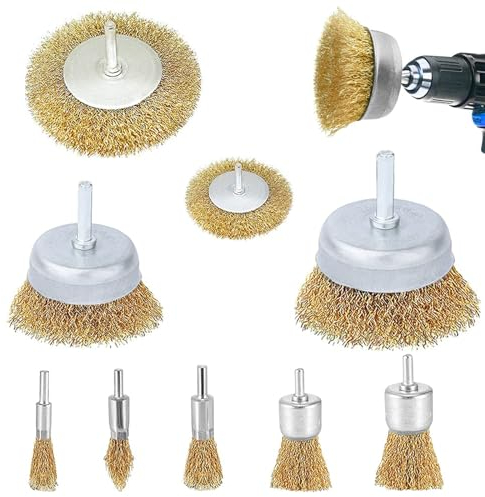 9 Pezzi Spazzole Metalliche per Trapano,Spazzole Metalliche, Spazzola Ottone a Tazza, Spazzola Acciaio con Codolo per trapano, spazzole abrasive und sbavatura