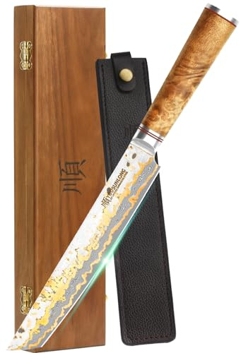 YOUSUNLONG Coltello per affettare il sashimi - 215mm di coltello Sujihiki Yanagiba - Lama in acciaio damasco giapponese fatta a mano in rame - Manico in legno di radica naturale