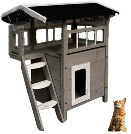 Katzenhäuser Für Wildkatzen, 2-stöckiges Wetterfestes Katzenhaus Aus Holz, Katzen Haus Mit Asphaltdach, Katzenhütte Für Draussen Outdoor Großer Raum(Color:B)