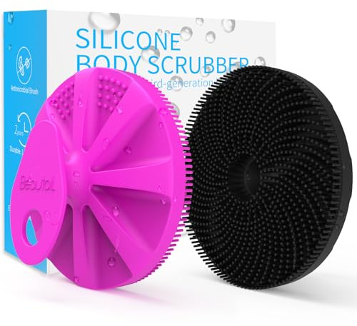 BEAUTAIL Silicone Body Scrubber, Gentle Exfoliating Brush for All Skin Type | Lather Well Shower Scrubber for Body, Hygienic Silicone Loofah, Bath Essential for Women, Men & Kids. 2-Pack, Purple+Black