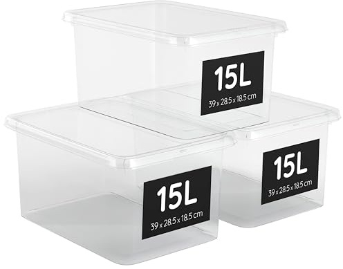AHIOVA Scatole Plastica Grandi 15L con Coperchio Set 3 Portaoggetti Impilabili 100% Trasparenti Click Pressione 39x28,5x18,8cm Armadio Scarpe Ripostiglio Senza BPA Prodotte Europa