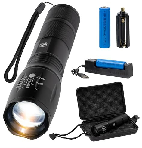 Generico Torcia LED Ricaricabile Potente – Zoom Regolabile, 5 Modalità, Impermeabile, per Emergenze e Outdoor, con Beauty Case Antiurto-Idea Regalo