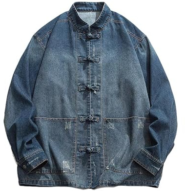 RUMAOZIA Giacca di jeans da uomo Stile cinese tradizionale Cardigan Uomo Tangzhuang Abbigliamento Primavera Autunno Cappotto di jeans Retro Bottoni Cowboy Tang Camicia da costume Collo alto Camicia in