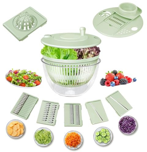 Salladsslunga 5 l, plast, salladsslunga med lock, 3-i-1-salladsspinnare, halkfri botten och stoppknapp, salladsslunga för tvätt och torkning av sallad, grönsaker och frukt