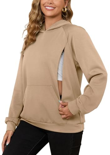 Bhome Nursing Sweatshirt Hoodie for Breastfeeding with Hidden Zippers Maternity Breast Pumping Tops Kangaroo Pocket,Brown M