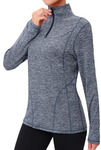 Terecey Camiseta Deportiva Mujer Manga Larga con Cremallera Top Deportivo Cuello Alto Ropa Deporte Secado Rapido Camiseta Running Mujer para Fitness Senderismo Gimnasio, Azul Marino, S