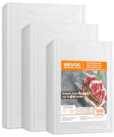 Wevac Core Vacuum Food Sealer Bags 100pcs 15x20cm(40)20x30cm(40)28x40(20), Vac Pack Bag for Food Saver, Commercial Grade, BPA Free, Heavy Duty, Sous Vide Bags Great for Meal Prep and Sous Vide Cooking