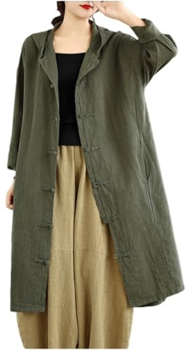 PRINCESS BRIDE - Cappotto lungo con cappuccio da donna, zen cardigan, stile retrò, doppiopetto, con bottoni a fiocco, in cotone e lino, Verde, XXL