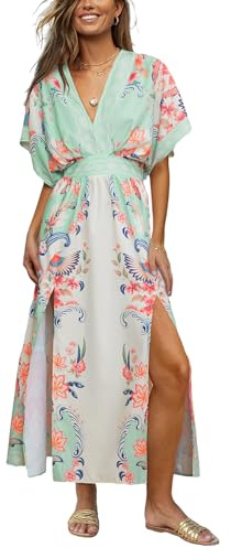 CUPSHE Robe Longue Femme Été Bohème Chic Ethnique Imprimé Floral Col V Manches Kimono Fente Latérale Taille Haute Maxi Fluide pour Plage Vacances