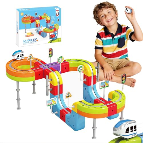 Electric Train Set for Kids, 70PCS 3D Cube Track with Train & Traffic Signs