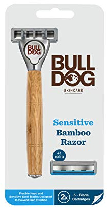 Bulldog Rasoio Sensitive Bamboo - Confezione Con Rasoio Per Uomo Con Manico + 2 Ricariche Con 5 Lame Specifiche Per Pelli Sensibili, Blu
