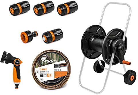 BRADAS - BLACK LINE ECO-AG26020SET1, Kit Carrello Avvolgitubo in metallo, Set Avvolgi Tubo con portata 1/2 20 m perfetto per idropulitrice, irrigazione del giardino, avvolgitore con ruote antiscivolo