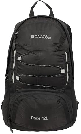 Mountain Warehouse Pace 12L Rucksack - Lightweight Backpack, Hydration Compatible Small Rucksack, Ripstop, Padded Airmesh Back, Webbing Trim - For Men & Women Black