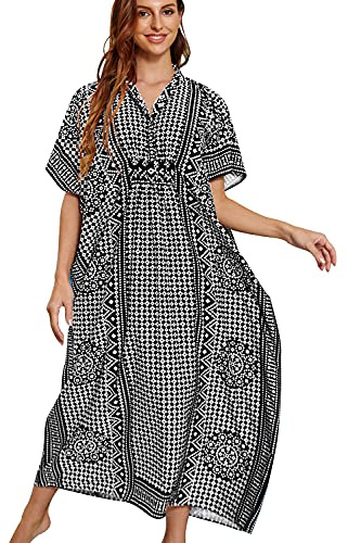 YouKD dam sommar lång kaftan maxi bohemisk klänning strand täckande bikini rock vardagskläder en storlek, En svart, En Storlek