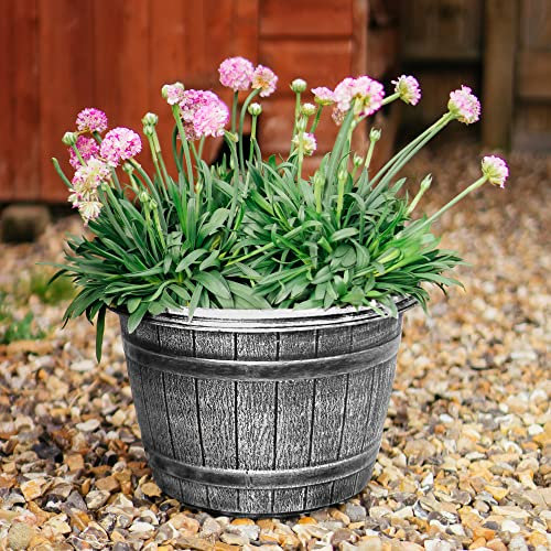 SG Traders Round Plastic Barrel Tub Planter Garden Plant Pot Flower Pots Antique Silver Whiskey Barrel Plant pots lightweight Unique Design Garden barrel planter pack of 2