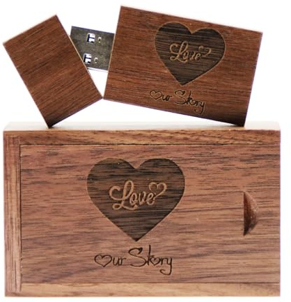 USB-minne och USB-låda av trä med 64 GB och gravyr Love & Our Story för bröllop/brud och brudgum, föräldrar/fotografi (valnöt, 64 GB USB3.0)