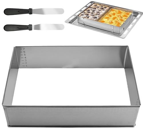 Cornice da forno rettangolare, alta 8 cm, rettangolare, regolabile, in acciaio inox, rettangolare, rettangolare, con graduata e spatola, riutilizzabile, rettangolare, per torte, pizza, cottura e