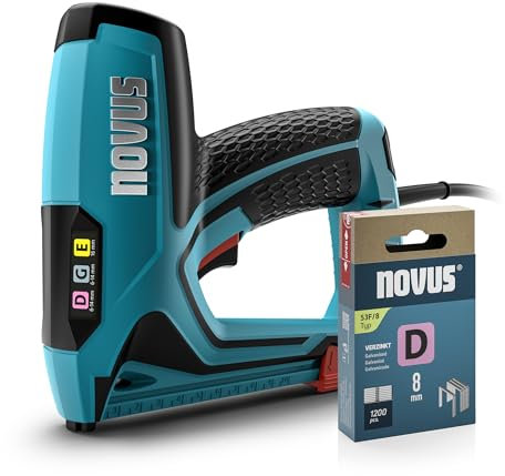 NOVUS TOOLS Juego de grapadora eléctrica J-151 con 1200 grapas, grapadora profesional y pistola de clavos con regulación de la fuerza de impacto, tope de distancia y mecanismo de carga inferior, para