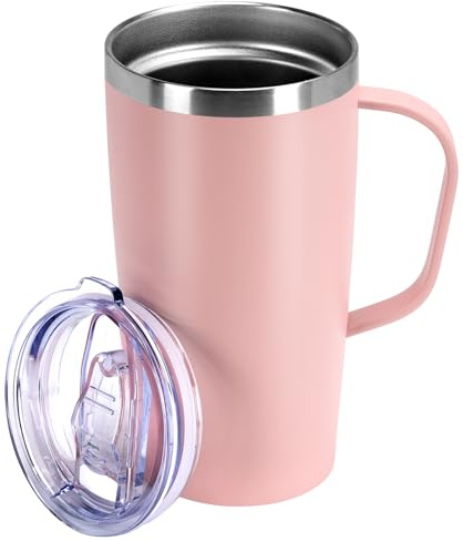 MEBRUDY 19oz Insulated Coffee Mug with Lid, Stainless Steel Double Wall Vacuum Travel Coffee Mug with Handle, Pink