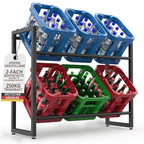 Scaffale per casse di bevande, 6 scatole, 2 x 3 scatole, 84 x 104 x 32 cm, regolabile in altezza, in metallo zincato, nero, autoportante, per bibite, 2 livelli, per casse d'acqua