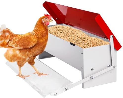 Comedero Automático para Pollos, 7KG Comedero Metálico para Aves Comedero para Patos para Exterior sin Residuos con Tapa Resistente a la Intemperie para 6-12 Pollos