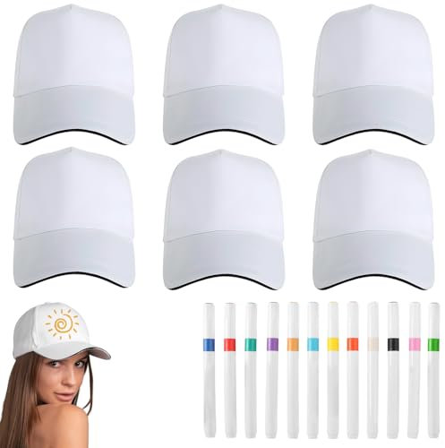 HTTYHT DIY Kappe Kinder Weiß 6 Stück DIY Baseballcap Baumwolle Kinder Kappen zum Bemalen Sport Baseballmützen mit 12 Stück Aquarellstiften Graffiti Kappe Bastelset für Geschenkideen Jungen Mädchen