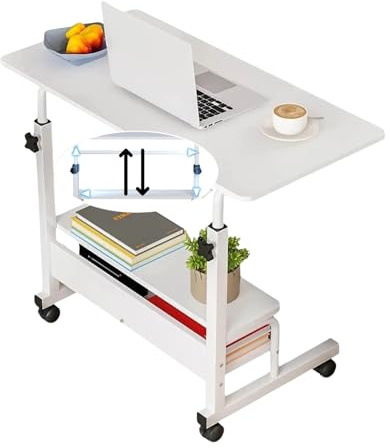 JANDTEK Mesa Portátil para Ordenador con Ruedas – Escritorio Auxiliar Regulable en Altura para Sofá o Cama – Mesa Pequeña con Estante Inferior para Teletrabajo y Espacios Reducidos (Blanco 60 x 40)