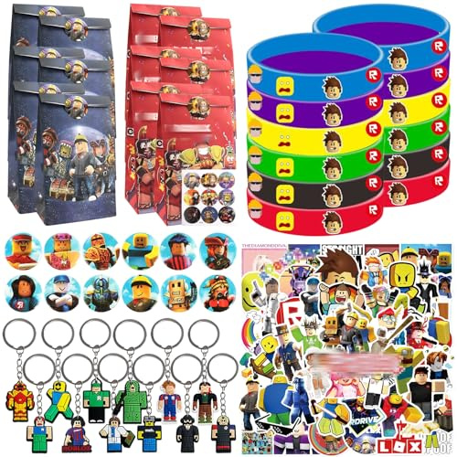 98 Pcs Fiesta Cumpleaños Niños Regalos, R-oblox Regalos para Fiestas de Cumpleaños, Regalo Cumpleaños de Infantiles Incluyendo Pulseras Llavero Pegatinas Bolsas de Regalo Chapa, Favores para Fiesta