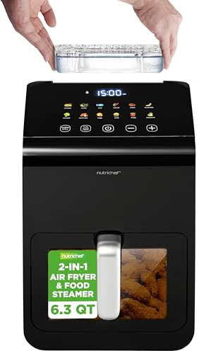 Nutrichef Electric Air Fryer Tenderizer 6.3 Quart | 12-1 Preset Cooking Functions | Includes Tenderizing Function | Digital Display | Transparent Window For Best Cooking Results | Black