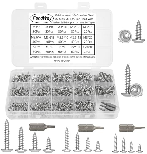FandWay 560 viti autofilettanti a testa bombata Torx, M2 M2.3 M3, piccole viti per legno a testa tonda con rondella in acciaio inox 304, mini lamiera autoperforanti per legno plastica con T6 T8 T10
