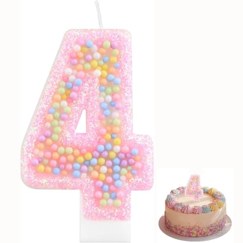 Velas de Cumpleaños,Vela Número 4 Rosa Macarrón con Glitter 3D para Tartas,Velas 3D para Cumpleaños,Decoración de Cumpleaños Infantil,Fiestas de Niñas