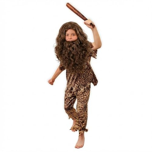 Childs Caveman-kostym med perukskägg och uppblåsbar klubb – barn grotta dweller maskeradkläder för världsbokdagen, skolprojekt i stenåldern och förhistorisk utklädning