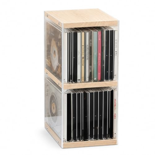 Yalitrca 2-Tier Stackable Wooden & Acrylic CD Storage Boxes with Flip-Cover Display, Holds up to 40 CDs, Desktop Organizer/CD Holder/Rack, Perfect for Theatre Room or Home(30.5 × 20.5 × 15.5 cm)