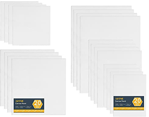 Artme Leinwandpaneele 20stk - Malkarton 0,3 cm - 25x20,20x20,30x30,24x30,30x40cm Leinwand 280GSM / 100% Baumwolle/ Rohling/ dreifach grundiert/s äurefrei/ mittelkörnig / - Acryl/ Öl